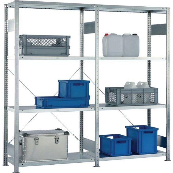 Meta Steckregalset H2000xB2000xT400mm Grund-/Anbauregal verzinkt 8 Stahlböden Tragfähigkeit 150 kg Feldlast 1650 kg