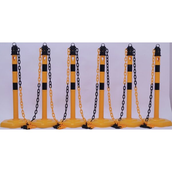 Sperrpfostenset PU gelb/schwarz m.Sechskantfuß D63xH1000mm 6 Pfosten u.5 Ketten