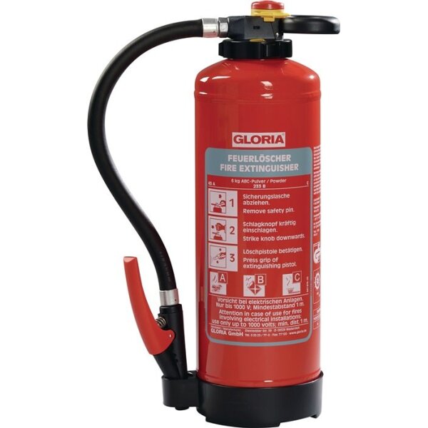 Gloria Auflade-Pulverfeuerlöscher 6 kg wiederaufladbar Brandklasse A 43 A 233 B C mit Wandhalter